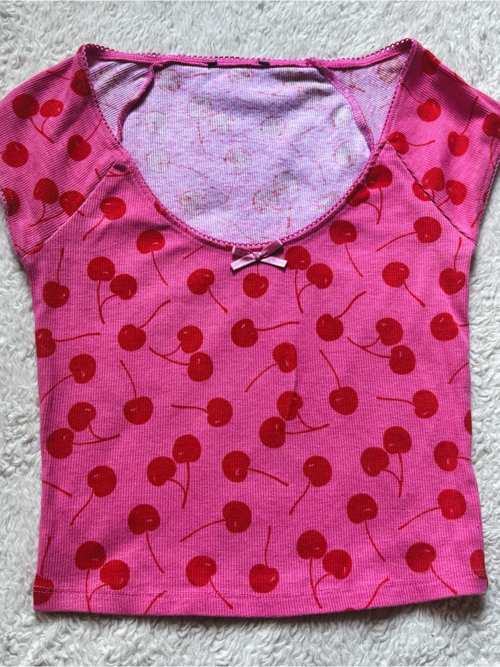 Women’s Forever21 Pink Cherry Print Crop Top Lace Trim Bow Coquette Lana Del Rey
